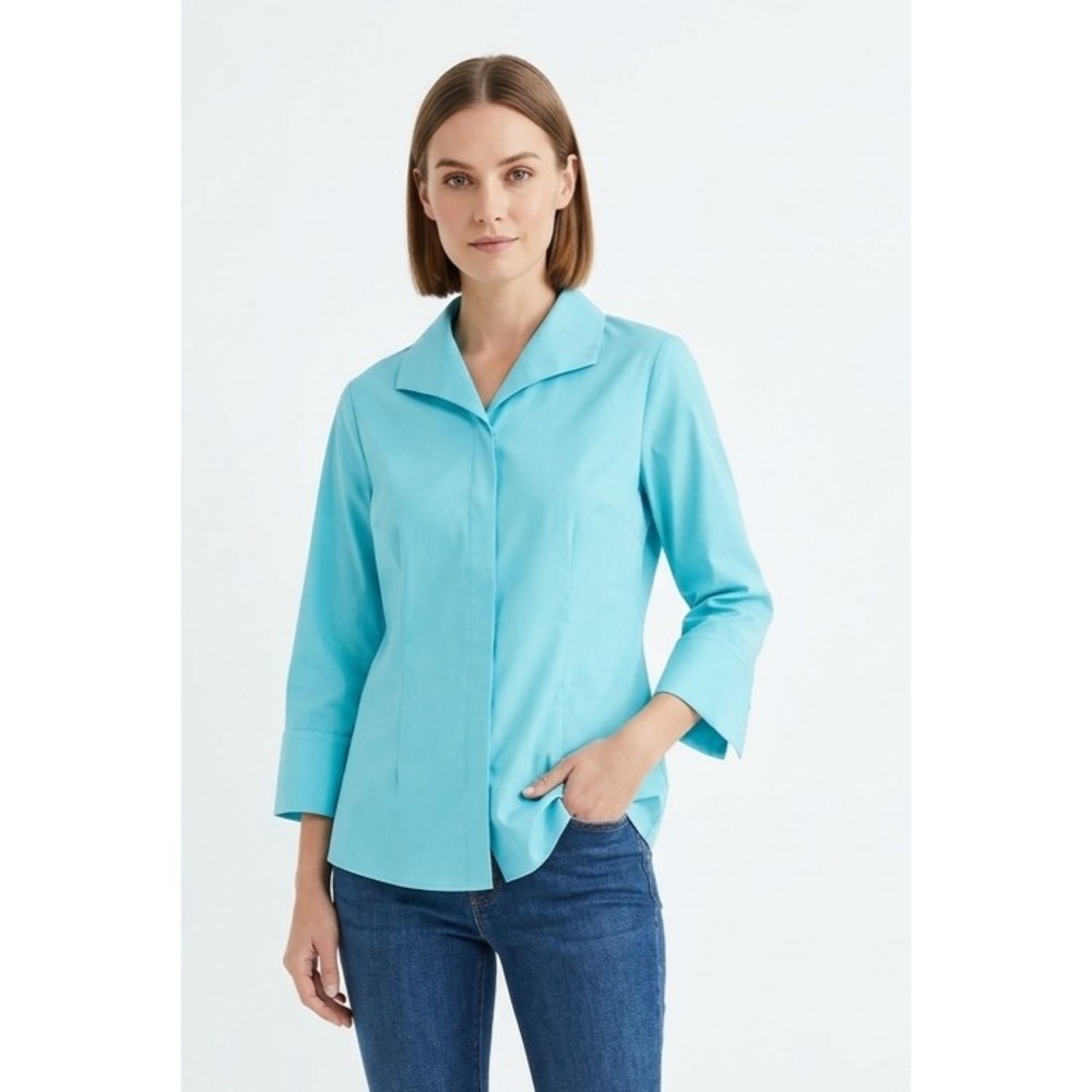 Chico's No-Iron Button Up Shirt Womens 2 L Teal Blue 3/4 Sleeve 570164057